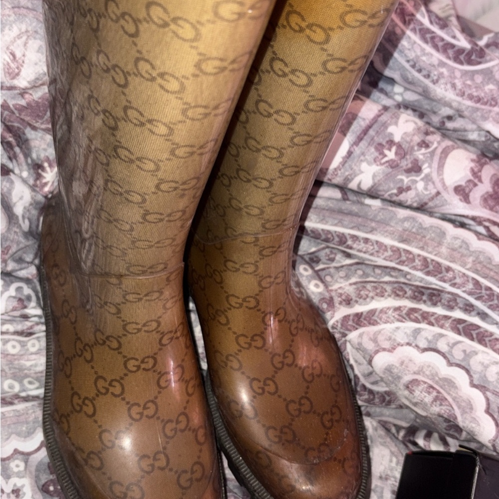 Gucci Tan Monogrammed RainBoots 36